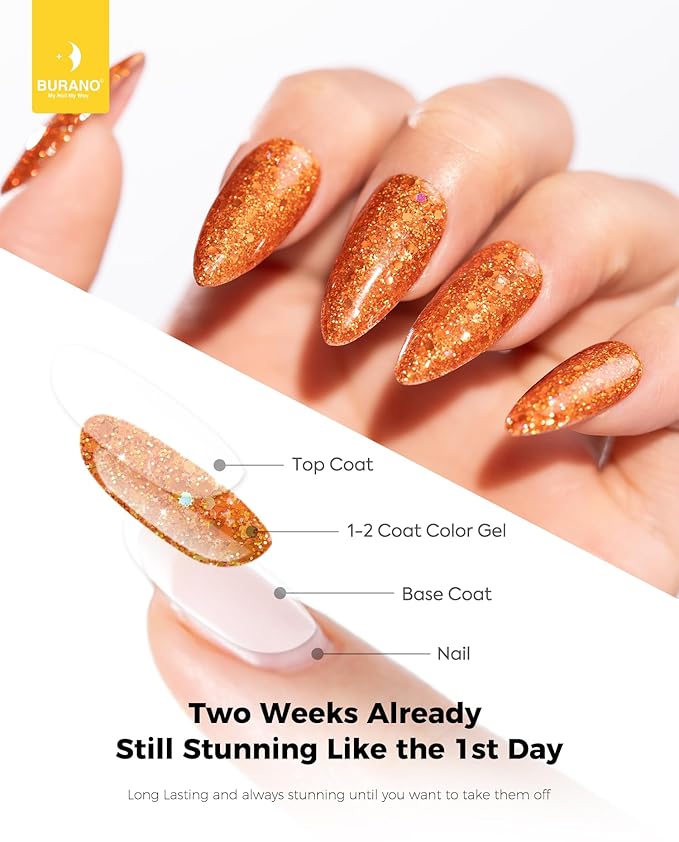 BURANO Glitter Gel Nail Polish - LED UV Curing, Holographic Effect, No Chip Sparkle Gel, Home DIY Nail Salon (Fall LP39)