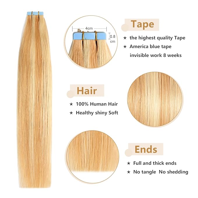YILITE Tape in Hair Extensions Human Hair 22 inch P27/613 Seamless Straight 50g 20Pcs Strawberry Blonde #27 Highlighted Bleach Blonde #613 Piano Color(22Inch P27/613)
