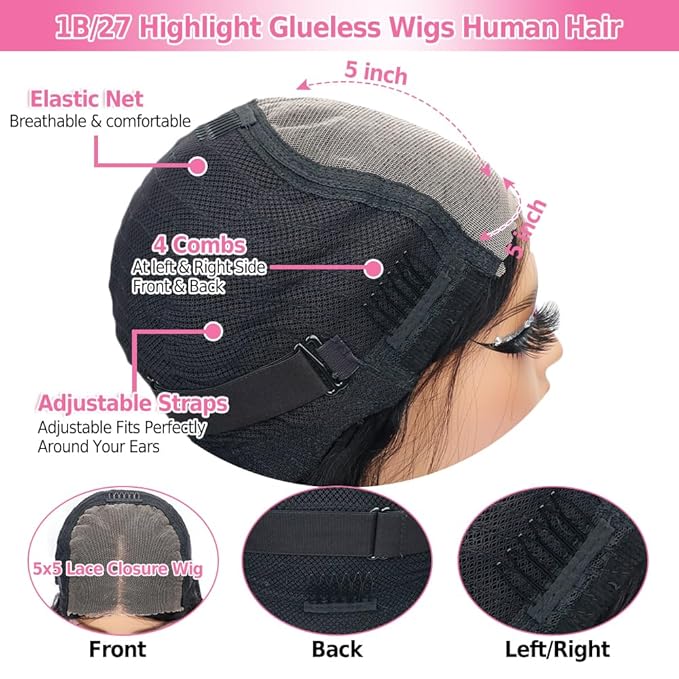 Ombre Glueless Wigs Human Hair Pre Plucked Pre Cut 5x5 Hd Lace Closure Wigs Human Hair 34 Inch 1B/27 Colored Highlight Body Wave Wigs 250% Density Glueless Wigs for Beginners