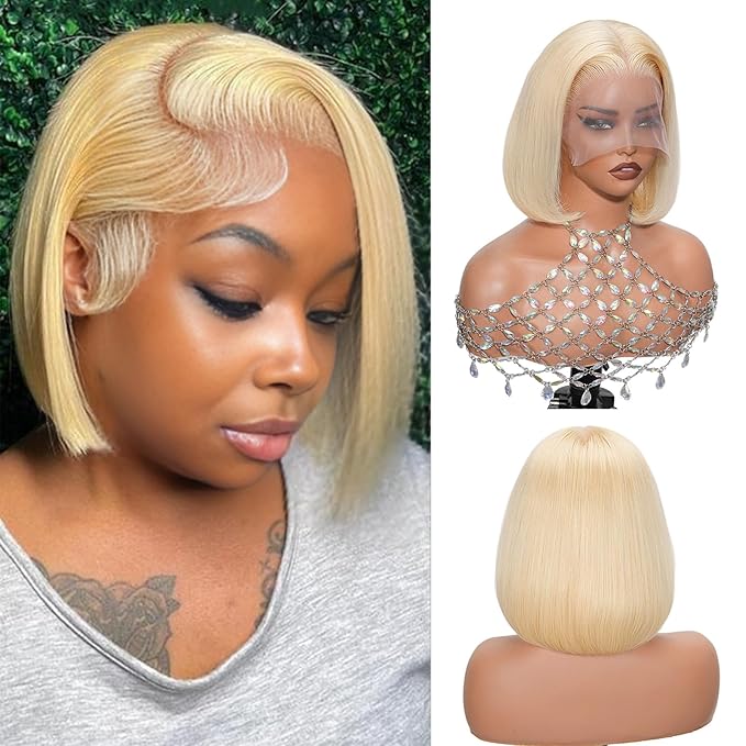 Blonde Bob Wig Human Hair 180 Density 613 Bob Wig Human Hair 13x6 Deep Parting Transparent Lace 8 Inch Short Wig Suits Most Face Shapes Glueless Wigs Human Hair Pre Plucked With Baby Hair