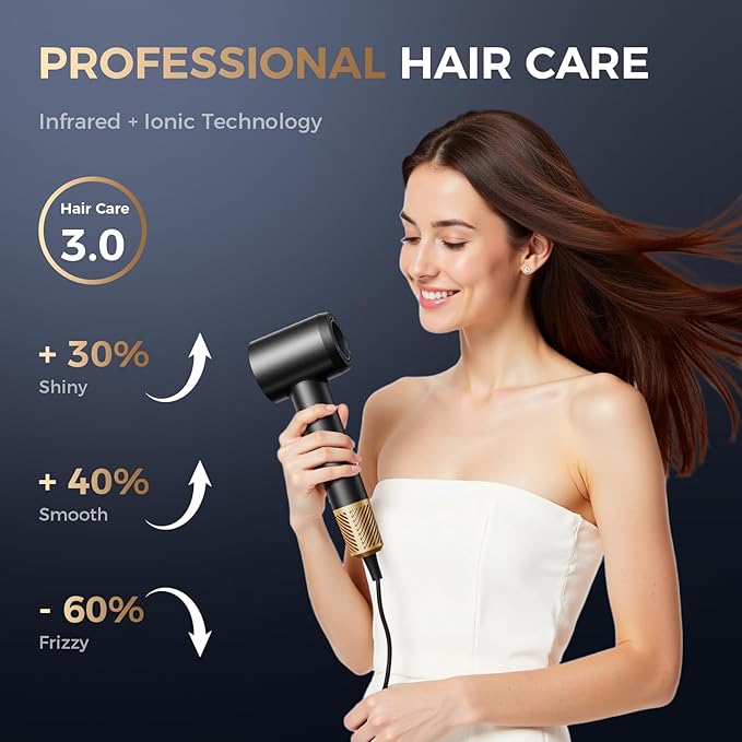 Infrared Hair Dryer, with Magnetic Nozzle - 160000 RPM Quiet lonic Blow Dryer for Women, with Frizz Control & No Heat Damage, Red Light Negative Ions, Fast Drying, for All Hair Types