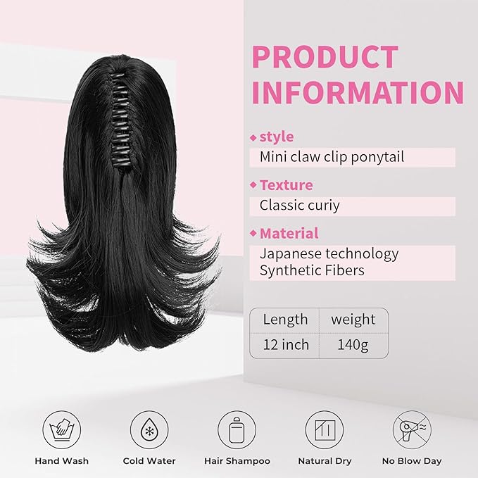 Ponytail Hair Extensions, 12 Inch Claw Clip Ponytail Hair Extensions for Women, Chin Clip Wigs, Soft Synthetic Wigs-Jet Black