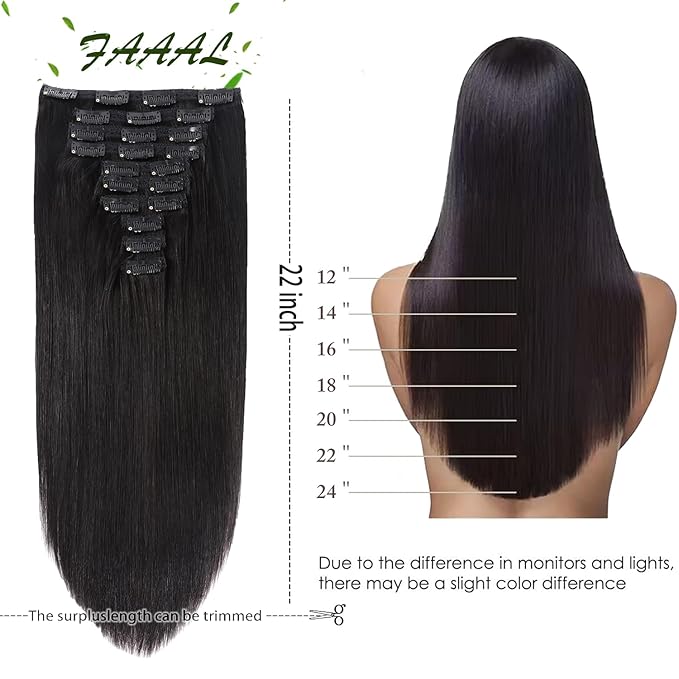 22" Clip in Human Hair Extensions Full Head 200g 10 Pieces 22 Clips Natural Black Double Weft Brazilian Real Remy Clip In Hair Extensions Thick Straight Silky (22",200g 1B#)