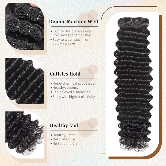 12A Deep Wave Human Hair Bundles16 16 16 Inch Brazilian Virgin Depp Weave Curly Bundles Human Hair 3 Pcs 100% Unprocessed Virgin Remy Natural Black Water Wave Hair Extensions