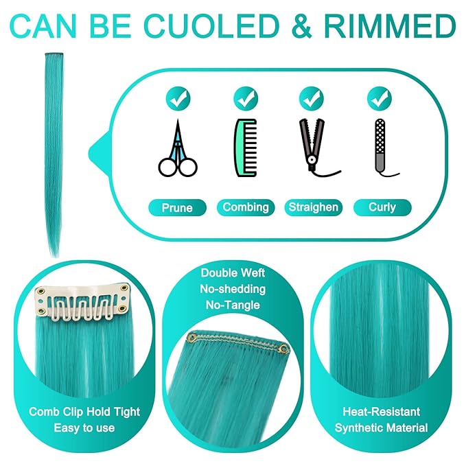 8 PCS Blue Teal Hair Accessories Clip in Colored Hair Extensions for Girls Colorful Hair Pieces Party Highlights Heat Resistant Synthetic Mutilcolors Straight Wig Pieces (Blue Teal)