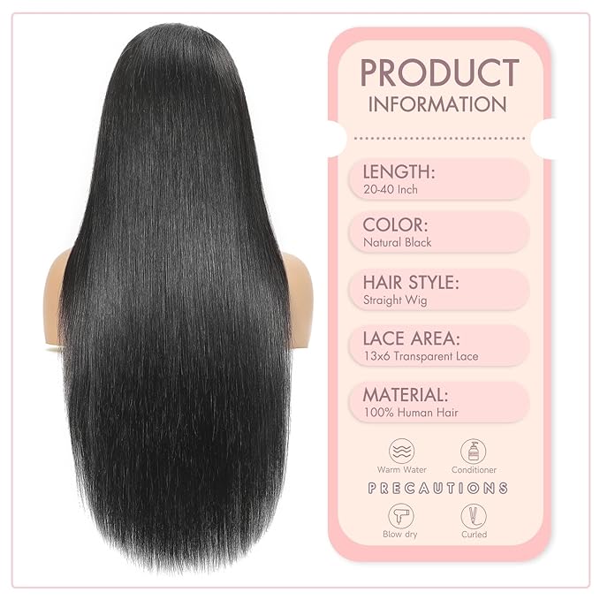 36 Inch 13x6 Lace Front Wigs Human Hair Pre Plucked Straight Wigs Human Hair 200 Density HD Transparent Lace Frontal Wigs for Women Glueless Wigs Human Hair Natural Color