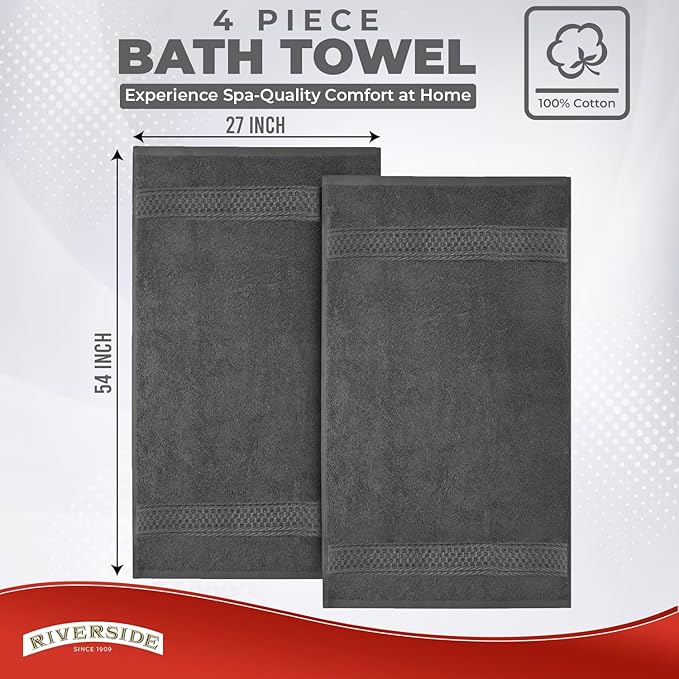 RIVERSIDE 100% Ring Spun Cotton Large Bath Towels Set of 4, 27 x 54 Inches – Quick Dry, Soft & Highly Absorbent Towels for Shower & Bathroom – Luxury 600 GSM Towels for Home, Spa, Gym, Hotel, Grey