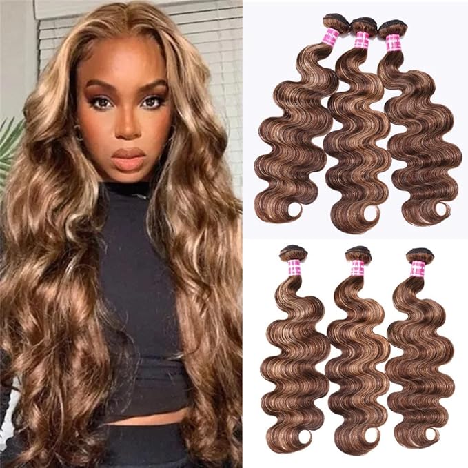 UNICE Body Wave Honey Blonde Highlight Human Hair Weave 3 Bundles Ombre 100% Brazilian Human Hair Weaves for Sew in Extensions TL412 Color 14 16 18 inch