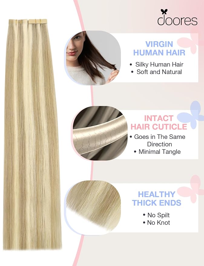 DOORES Invisi Edge Tape in Hair Extensions Human Hair, Light Blonde Highlighted Golden Blonde 10 Injection Tape-ins with 10 Classic Tape-ins 50g 24 Inch, Virgin Tape in Extensions
