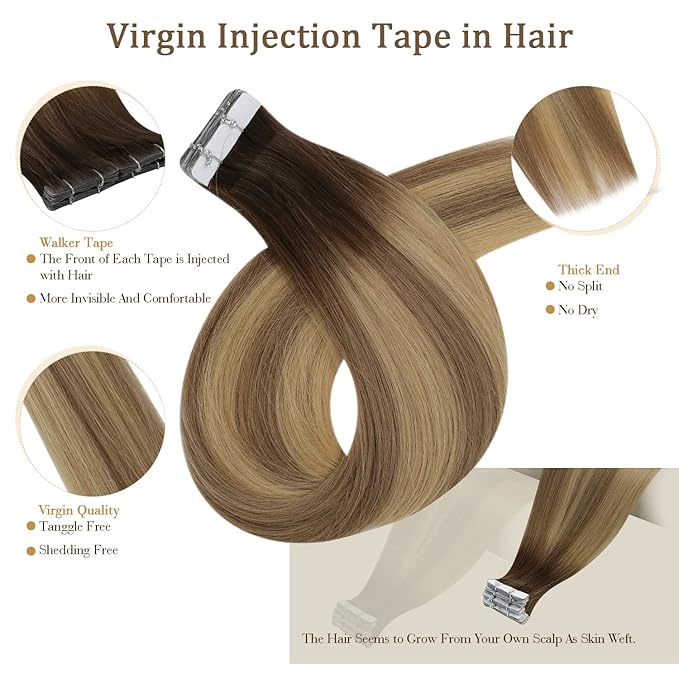 Full Shine Virgin Injection Tape in Hair Extensions 5Pcs Color 3 Brown Fading to 8 Ash Brown And 22 Blonde 14 Inch Seamless Intact Tape in Hair Remy Tape in Human Hair 10 Gram Natural Straight Hair