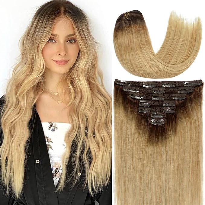 Caliee 14 Inch Clip in Human Hair Extensions R4-18 Ombre Chocolate Brown with Dirty Blonde Silky Double Weft Lace Clip in Hair Extensions Invisible Natural Straight 120G 7 PCS