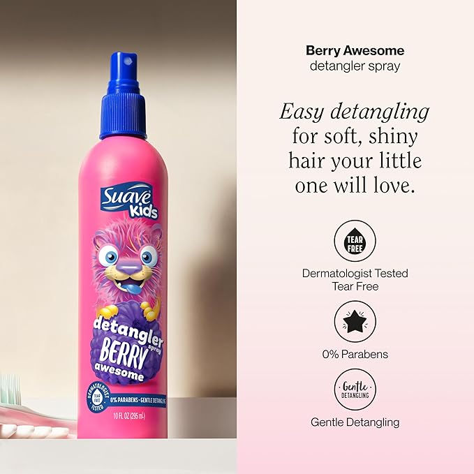 Suave Kids Detangler Spray For Tear-Free Styling, Berry Awesome Dermatologist-Tested Hair Detangler Formula 10 oz, Pack of 6