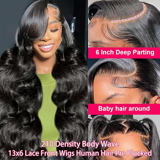 13x6 Lace Front Wigs Human Hair Pre Plucked 210 Density Body Wave HD Lace Front Wigs for Women Human Hair Glueless (Natural Color Body Wave Wig, 22 Inch)