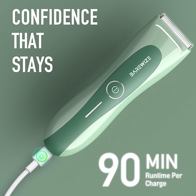 BAREWlZE Bikini Trimmer for Women, Pubic Hair Trimmer | LED Light, IPX7 Waterproof, USB-C Rechargeable, Replaceable Ceramic Blade | Electric Razors for Women, Electric Body Hair Shaver (Mint Oasis)