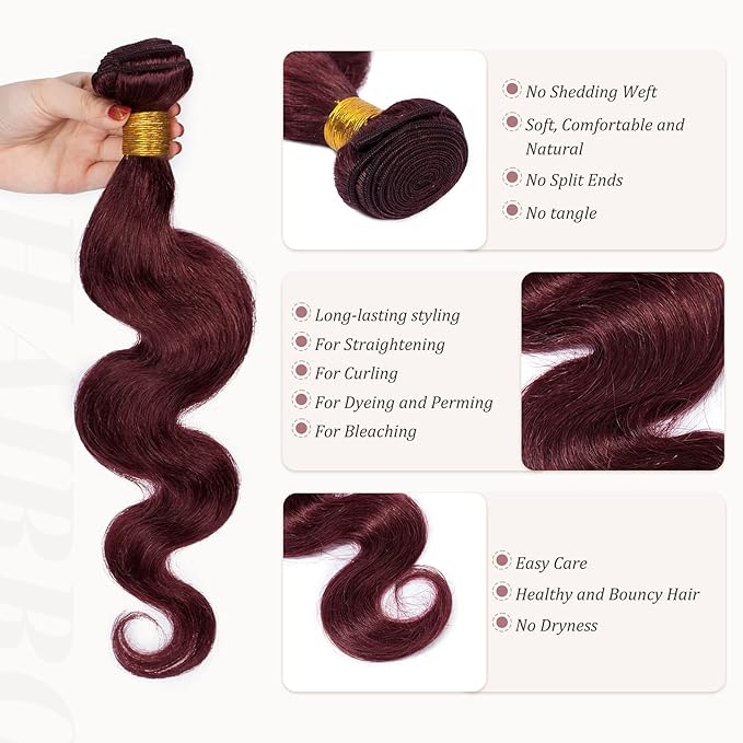 Hairro Sew in Hair Extensions Real Human Hair, 100g/bundle Weave Weft for Women Adding Volume and Length, for DIY Beauty Dating Party, 18 Inch One Bundle Body Wave #99J Wine Red