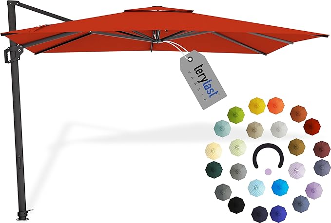 Midtown Umbrellas The Grande Square 9 x 9 FT Outdoor Cantilever Patio Umbrella w/Terylast Apple (Red) Polyester Fabric - 8 Rib Aluminum Frame Offset w/Tilt & 360° Rotate Pedal System - Black Frame