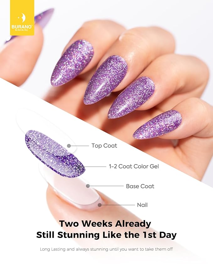 BURANO Glitter Gel Nail Polish - LED UV Curing Holographic Effect Sparkle Gel - Purple LP26