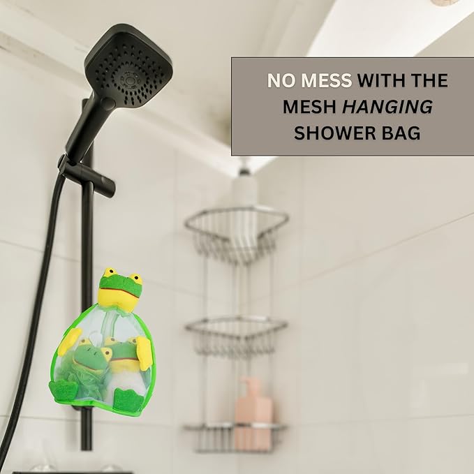 Cute Bathing Travel Kit with Mesh Sponge, Facial Towel and Double Strap Bag- Cartoon Shaped Shower Poufs, Colorful Mesh Body Scrubbers for Boys and Girls, Unique Birthday Gifts, 2 Pack