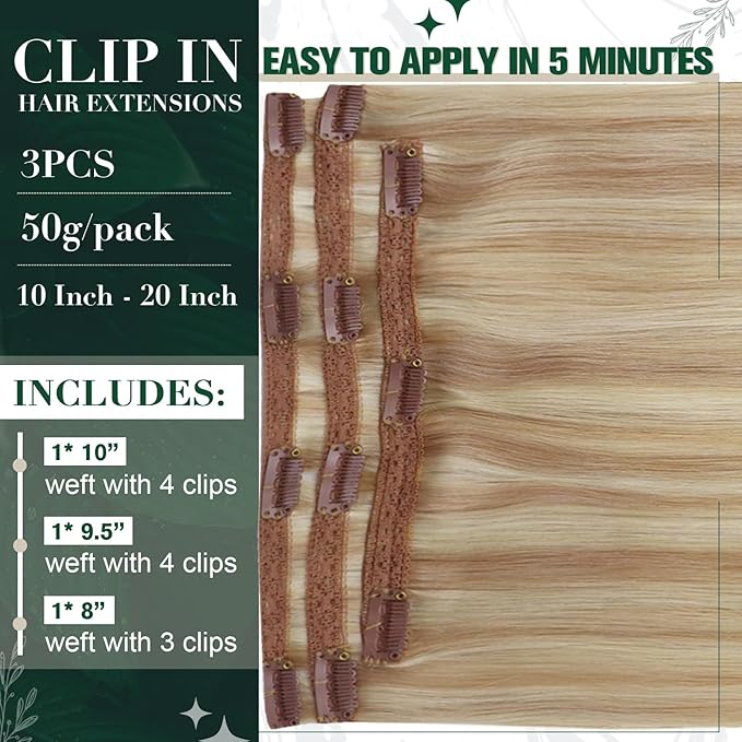 RUNATURE Blonde Hair Extensions Clip in Human Hair, Straight Clip in Hair Extensions Real Human Hair for Women, Remy Natural Hair, Can Be Styled, 12 Inch 50g 3pcs #18P60 Ash Blonde Highlights