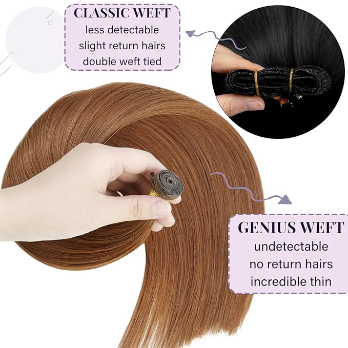 Fshine Genius Weft Human Hair Extensions Copper Genius Weft 22 Inch 60g Auburn Sew in Hair Extensions Real Bundle Remy Straight for Women