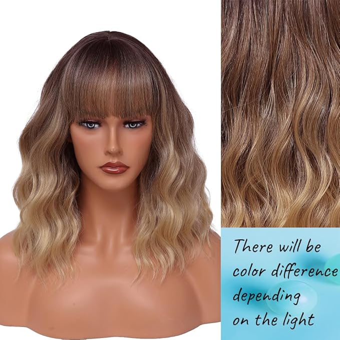 WAVE&BREEZE Short Blonde Wigs with Bangs 14Inch Ombre Blonde Highlights Curly Bob Wig for Women Shoulder Length Natural Looking Hair Replacement Wig for Daily Party Use Cosplay Costume Halloween Wig