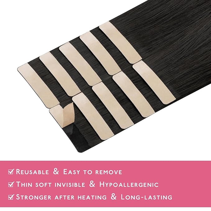 WENNALIFE Tape in Hair Extensions Human Hair Natural Black Tape in Extensions, 10pcs 25g 16 inch Remy Invisible Tape Ins Straight Colored Soft Real Human Hair Tape in Extensions Refill Set Extensions
