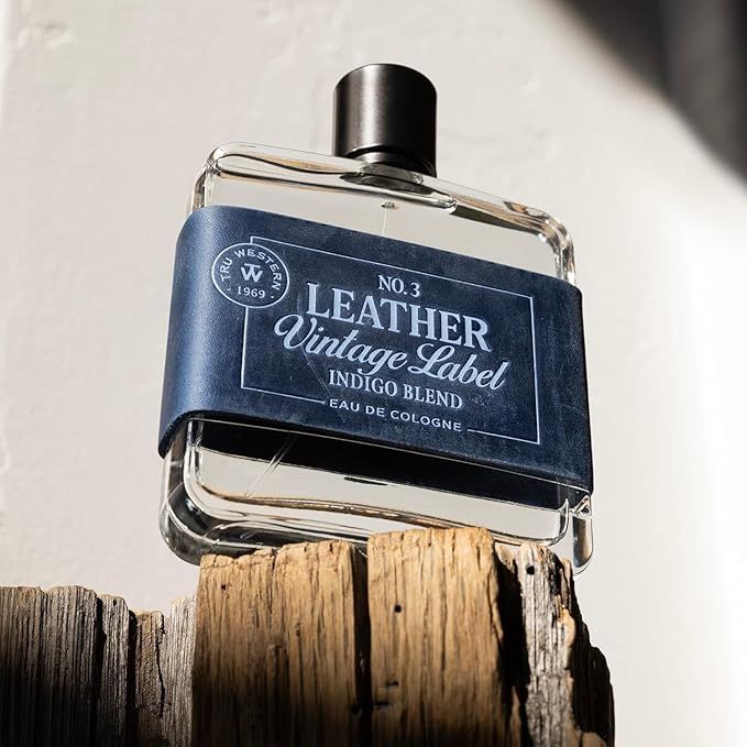 Leather No. 3 by Tru Western, Vintage Label Indigo Blend, 3.4 fl oz (100 ml), with Notes of Velvety Citrus, Blue Vetiver, Wild Lavender, and Sueded Sandalwood, Clean, Smooth, Masculine Fragrance