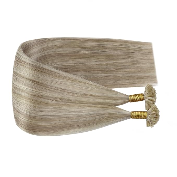 Fshine Ash Blonde Mixed With Bleach Blonde Highlight U Tip Hair Extensions - 16 Inch Keratin Bond Human Hair Extensions for Women 50g/50s