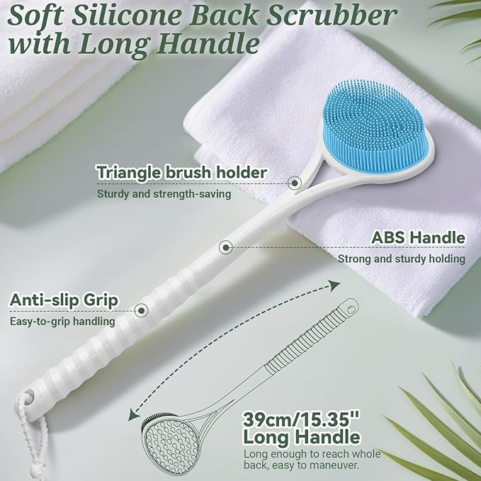Silicone Back Body Face Scrubbers Set 4PCS, 15.35’’ Back Scrubber Soft Body Scrubber for Dual-Side Usage, Easy-to-Hold Soft Bath Glove & Face Scrubber for Good Foaming Deep Cleaning(Blue)