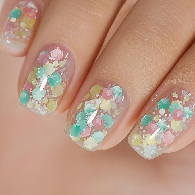 RARJSM Glitter Gel Nail Polish Pink Yellow Green Patel Spring Summer Color Big Flakes Gel Polish Sparkly Chunky Clear Shimmer Pigments Soak off Led UV Curing Required for Home Salon Manicure 15ml