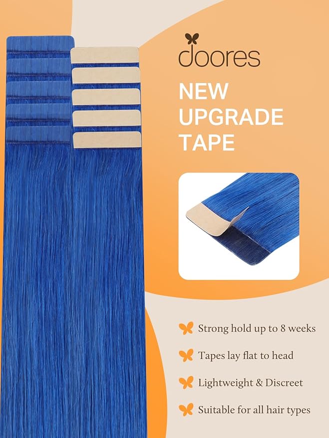 DOORES Hair Extensions Tape in Blue 14 Inch 25g 10pcs, Human Hair Extensions Straight Remy Hair Skin Weft