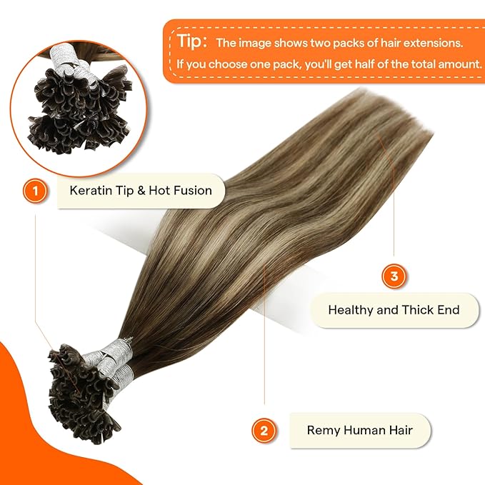 Full Shine U Tip Hair Extensions Human Hair Medium Brown Ombre to Brown and Honey Blonde 14 Inch Remy Hair Prebonded Fusion Extensions 40 Grams Ktip Human Hair Extensions
