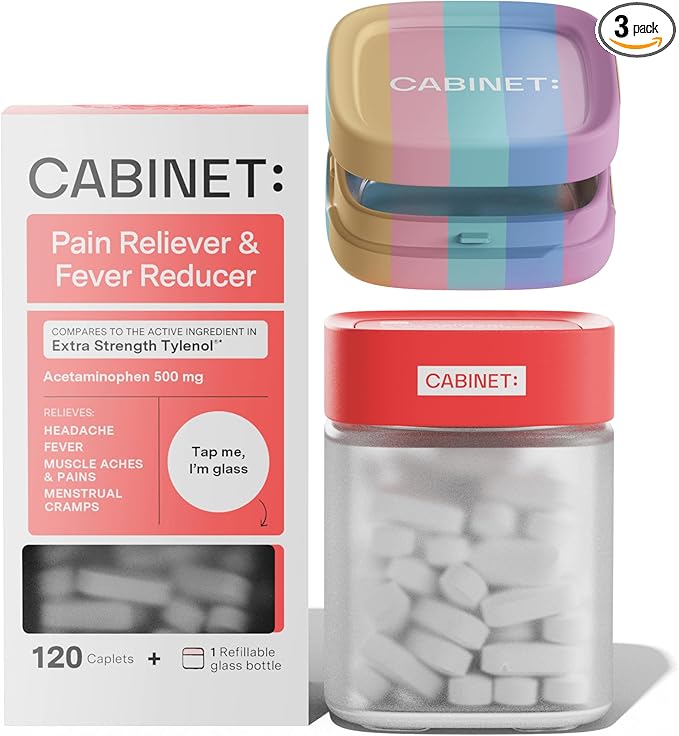 Cabinet: 500mg Acetaminophen for Headache Relief, Toothaches, Sore Throat, and Fever Reducer, Includes 1 Refillable Medicine Jar, 120 Tablets Refillable Glass Jar - w/Travel Tin