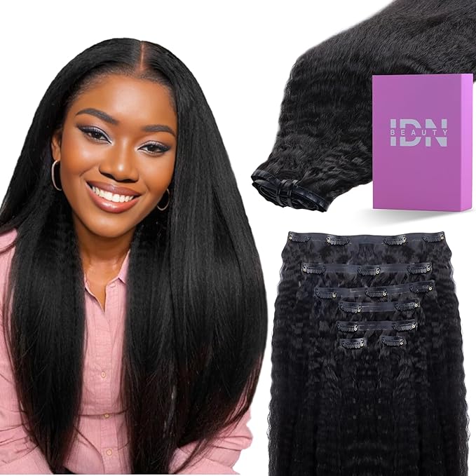 IDN BEAUTY Seamless Clip In Hair Extensions Human Hair, Kinky Straight 20 Inch 110g 7pcs Natural Black Remy Virgin Human Hair Seamless Clip Ins For Black Women PU Weft Invisible Edge