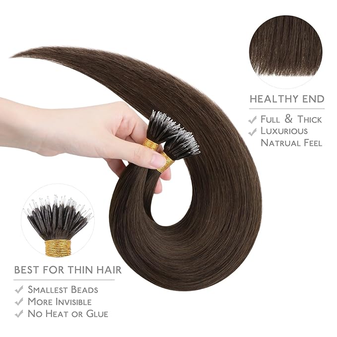 WENNALIFE Nano Bead Hair Extensions, 50g 100s 16 Inch Chocolate Brown Real Human Hair for Women Invisible Nano Ring Remy Hair Extensiones De Cabello Humano Fusion Installation