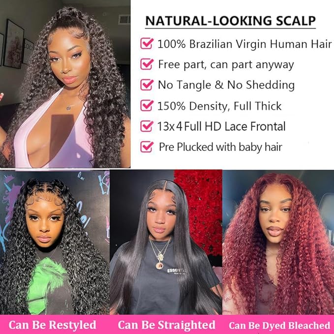 Water Wave Lace Front Wigs Human Hair Pre Plucked 13x4 Transparent Glueless Lace Frontal Wigs 150% Density Curly Lace Front Wigs Wet and Wavy Human Hair With Babyhair For Black Women(Curly Wig,24)