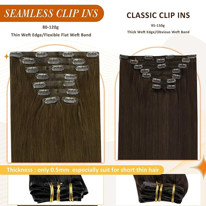 Full Shine Real Hair Extensions Clip in Human Hair Brown Seamless Hair Extensions Clip in Natural Brown Straight PU Weft for Short Hair 12 Inch 95 Grams 8 PCS