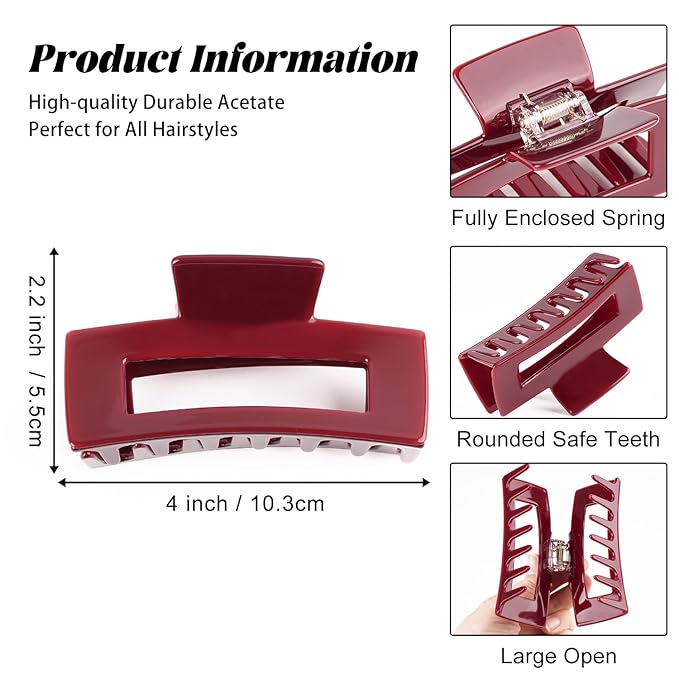 MAORULU Acetate Claw Clip for Women – 4'' Large Cute Hair Clips for Thick Thin Curly Long Hair, Durable Square Hair Clamps Non-slip Jaw Clip, Cherry Red