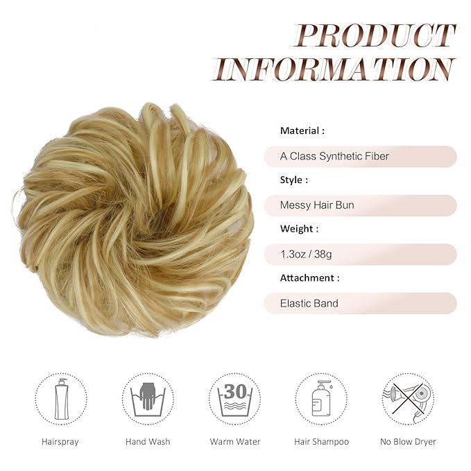 FESHFEN Messy Bun Hair Piece - Elastic Wavy Curly Hair Bun Scrunchies Extensions Synthetic Chignon Hairpieces for Women Girls, Light Ash Brown & Bleach Blonde 1.5 oz