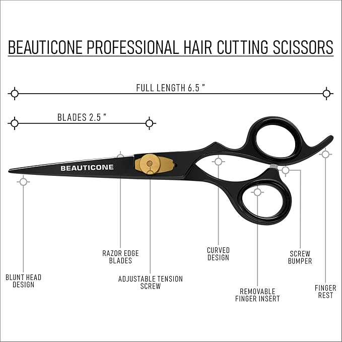 BEAUTICONE Hair Cutting Scissors, Professional 6.5" Barber Shears for Haircut Men/Women, Beard & Mustache Trimming Stainless Steel Hairdressing Scissors, Adjustable Screw