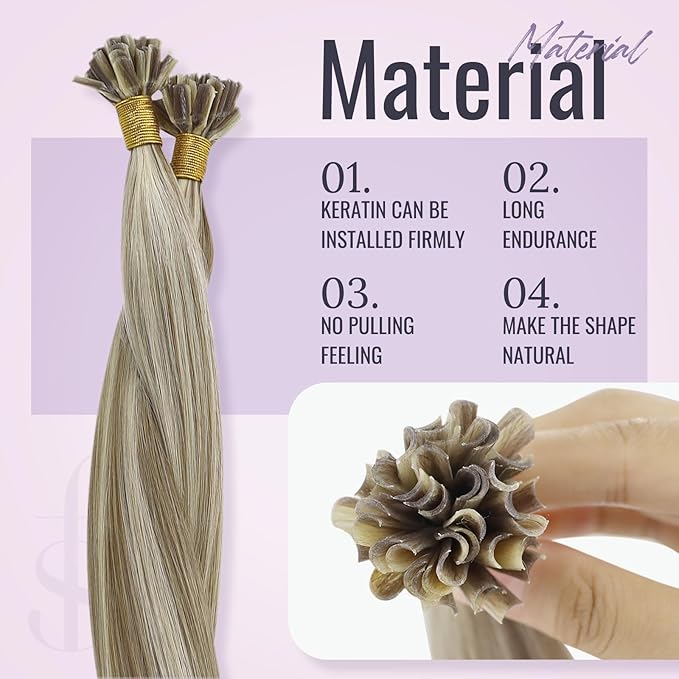 Fshine Remy Hair Extensions U Tip Pre Bonded #8 Light Brown Mixed With #60 Platinum Blonde Highlighted Nail Tip Human Hair Extensions 14 Inch 40g/50s Hot Fusion Hair Extensions For Short Hair
