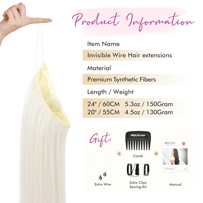 REECHO Invisible Wire Hair Extensions with Transparent Headband Adjustable Size Removable Secure Clips in Straight Secret Hairpiece for Women (20 Inch (Pack of 1), Platinum Blonde)