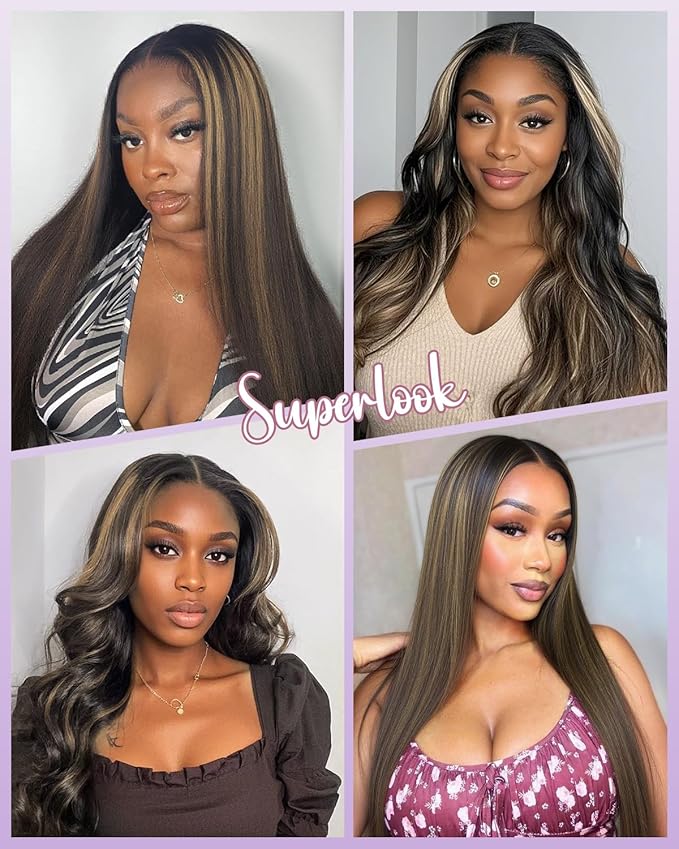 Balayage Wig Human Hair 13x4 Ombre Lace Front Wig Human Hair 220% Density Straight Highlight Wig Human Hair Real Bleached Knots Pre Plucked FB27 (18 inch)