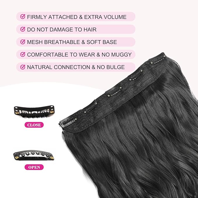 REECHO 14" 1-Pack 3/4 Full Head Curly Wavy Clips in on Synthetic Hair Extensions HE008 Hairpieces for Women 5 Clips 3.6 Oz per Piece - Natural Black
