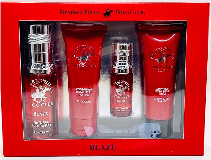 Beverly Hills Polo Club Blaze 4 Piece Gift Set Collection for Men - Luxury Cologne Set with Body Spray, Shower Gel, Eau De Toilette, and After Shave - Premium Fragrance Collection