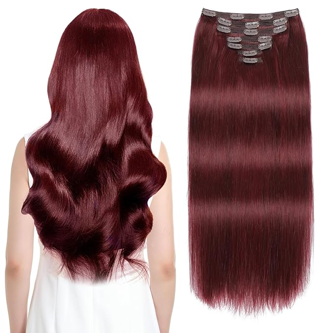 Sisily Clip in Hair Extensions Real Human Hair, 20 inch 160g, Burgundy Red, 100% Brazilian Remy Human Hair Clip in Extensions Soft Straight 7pcs Per Set with 16 Clips Double Weft