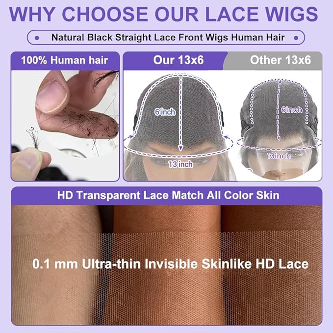 ALI PANDA [2-YEAR Life & 100% Human Hair, 200% Density 13x6 Skinlike HD Straight Lace Front Wigs Human Hair Pre Plucked, [0.1mm Ultra-Thin HD Lace], Natural Black 30 Inch