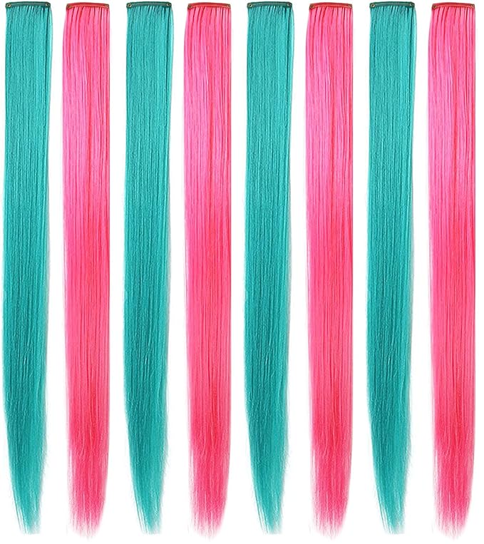 Rhyme Multi-color Hair Extensions for Girls Princess Party Highlight 21 inch Colored Hair Extensions Clip in/on for Girls and Kids Wig Pieces 8PCS (Teal Pink)