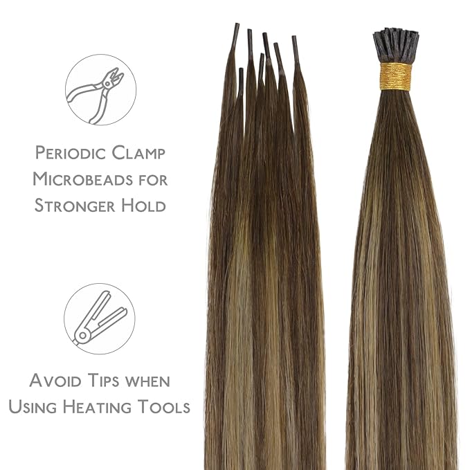 WENNALIFE I Tip Hair Extensions Human Hair, 50g 50s 20 Inch Balayage Chocolate Brown to Caramel Blonde Remy Itip Human Hair Extensions Invisible Itips Straight I Tips Fusion Extensions Real Human Hair