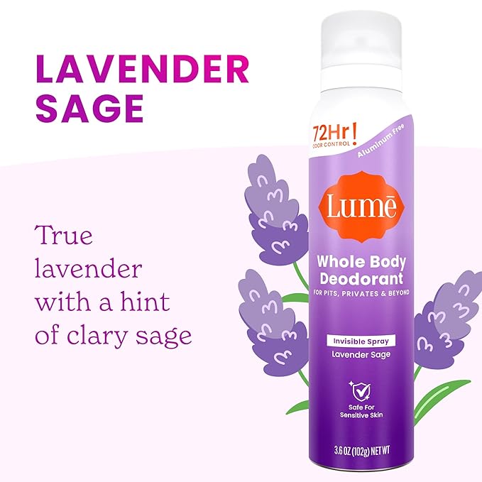 Lume Invisible Spray Deodorant For Women - Whole Body Deodorant Spray - 72 Hr Odor Control - Ozone Friendly, Natural Propellant - Aluminum & Baking Soda Free, Skin Loving - 3.6 ounce (Lavender Sage)